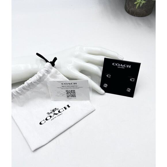 COACH 2 Pair Set Signature Logo C and Crystal Stud Earring Set New With Pouch - Picture 1 of 9